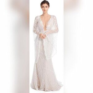 Lace Flare Sleeves Mermaid Wedding Dress Boho Beach Sexy Deep V Open Back SZ 8